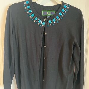 C Wonder Black Sweater with Teal Blue and Crystal Embellishments